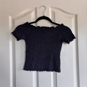 Elegant Navy Blue Smocked Off the Shoulder Crop Top